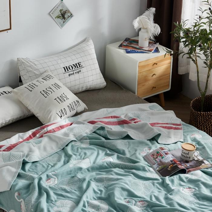 91家纺网 家纺一手货源 找家纺 朴尔 五层毛巾被薄款夏被纱布被子盖毯空调被全棉 鸟与树叶-绿