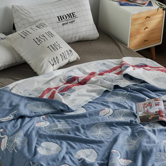 91家纺网 家纺一手货源 找家纺 朴尔 五层毛巾被薄款夏被纱布被子盖毯空调被全棉 鸟与树叶-蓝