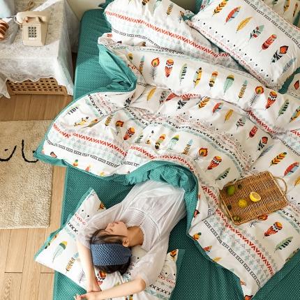 91家纺网 家纺一手货源 找家纺 静家居 2020小资生活系（织带款）四件套 轻羽-绿