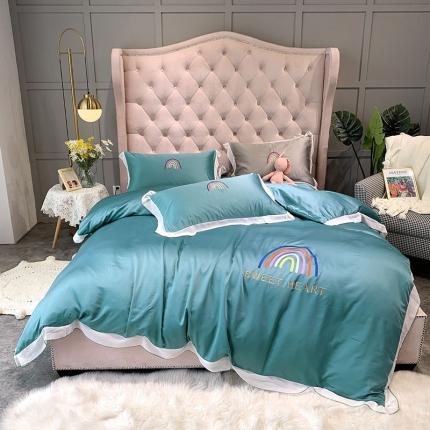 91家纺网 家纺一手货源 找家纺 博纳 2020新款双面水洗真丝四件套雪纺绣花彩虹之约 冰河蓝