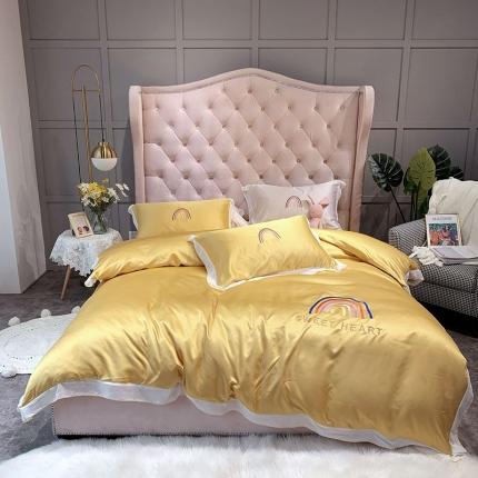 91家纺网 家纺一手货源 找家纺 博纳 2020新款双面水洗真丝四件套雪纺绣花彩虹之约鲜橙黄