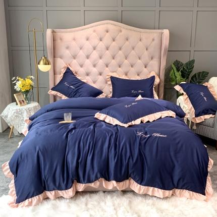 91家纺网 家纺一手货源 找家纺 博纳家纺 2020新款双面水洗真丝撞色荷叶边四件套 宝石兰