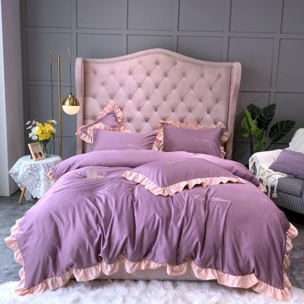 91家纺网 家纺一手货源 找家纺 博纳家纺 2020新款双面水洗真丝撞色荷叶边四件套 魅力紫