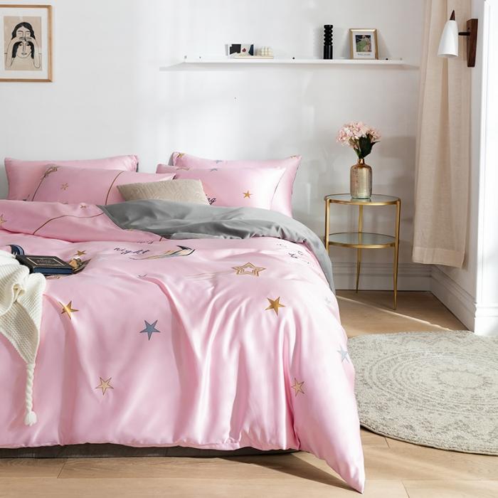 91家纺网 家纺一手货源 找家纺 琪格格 2020新款水洗真丝印花四件套 晚安星辰粉玉