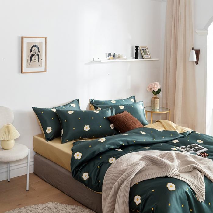 91家纺网 家纺一手货源 找家纺 琪格格 2020新款水洗真丝印花四件套 小香香墨绿