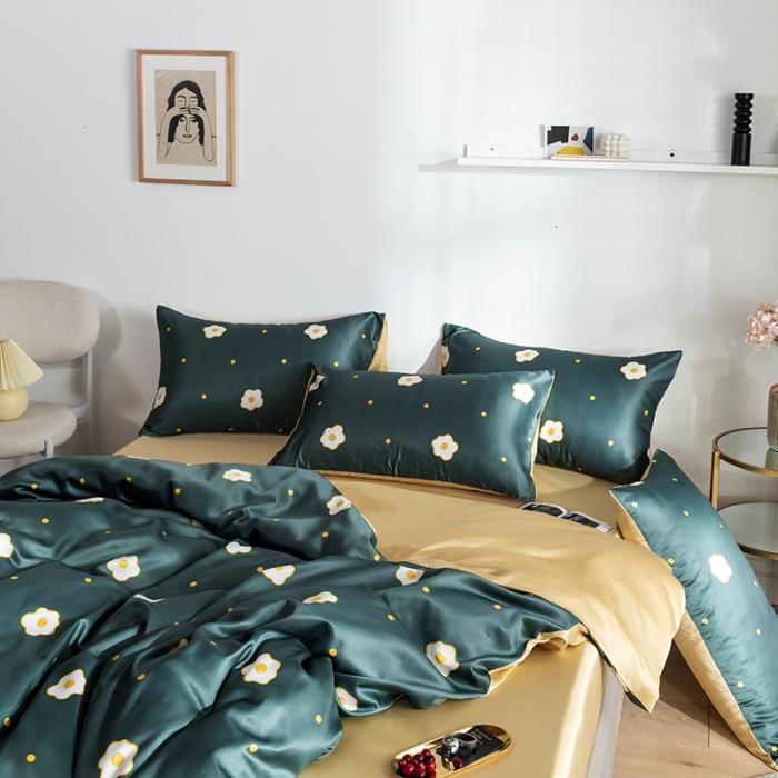 91家纺网 家纺一手货源 找家纺 琪格格 2020新款水洗真丝印花四件套 小香香墨绿