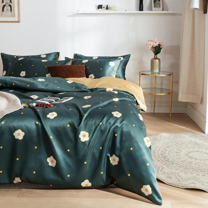 91家纺网 家纺一手货源 找家纺 琪格格 2020新款水洗真丝印花四件套 小香香墨绿