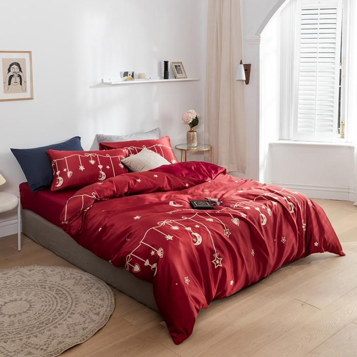 91家纺网 家纺一手货源 找家纺 琪格格 2020新款水洗真丝印花四件套 许愿-红