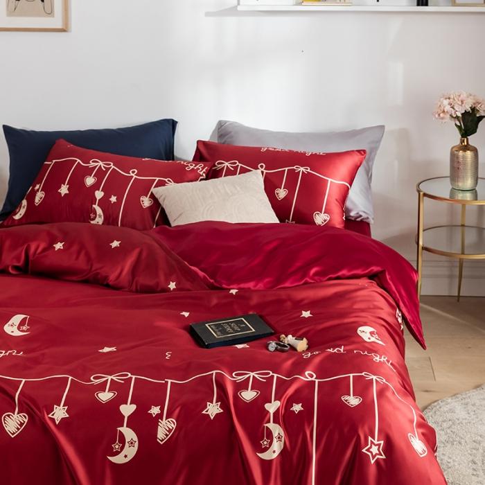 91家纺网 家纺一手货源 找家纺 琪格格 2020新款水洗真丝印花四件套 许愿-红