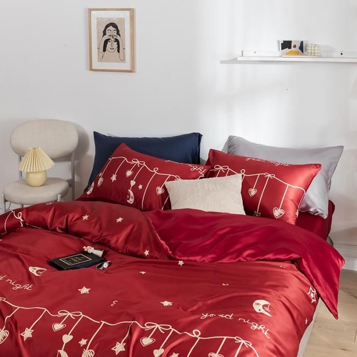 91家纺网 家纺一手货源 找家纺 琪格格 2020新款水洗真丝印花四件套 许愿-红