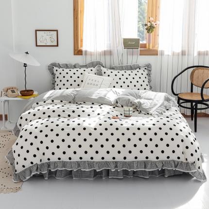 91家纺网 家纺一手货源 找家纺 婳庭家居 2021韩版全棉床裙四件套 波点千鸟格
