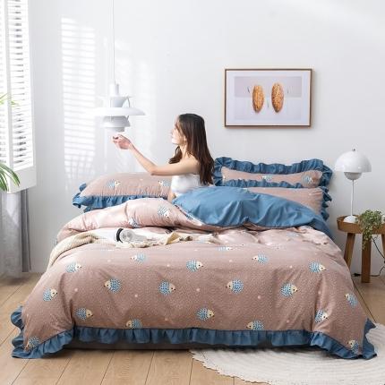 91家纺网 家纺一手货源 找家纺 意尚风情 2020年韩版印花水洗天丝四件套 小刺猬（浅咖）