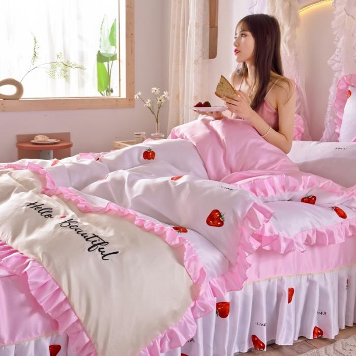 91家纺网 家纺一手货源 找家纺 绒世界 2020新款韩式床裙式水洗真丝绣花四件套 草莓-粉白