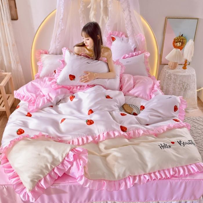 91家纺网 家纺一手货源 找家纺 绒世界 2020新款韩式床裙式水洗真丝绣花四件套 草莓-粉白