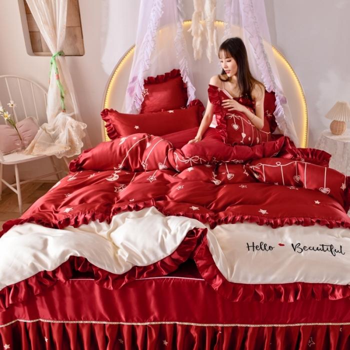 91家纺网 家纺一手货源 找家纺 欧冠 2020新款韩式床裙式水洗真丝绣花四件套 心动