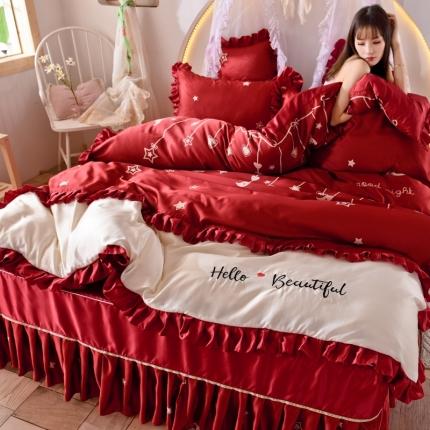 欧冠 2020新款韩式床裙式水洗真丝绣花四件套 心动