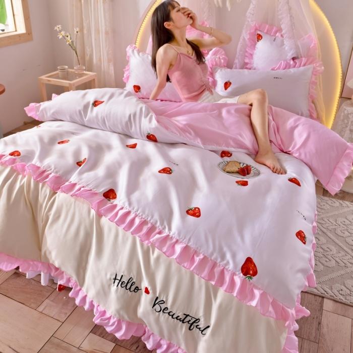 91家纺网 家纺一手货源 找家纺 绒世界 2020新款韩式床裙式水洗真丝绣花四件套 草莓-粉白