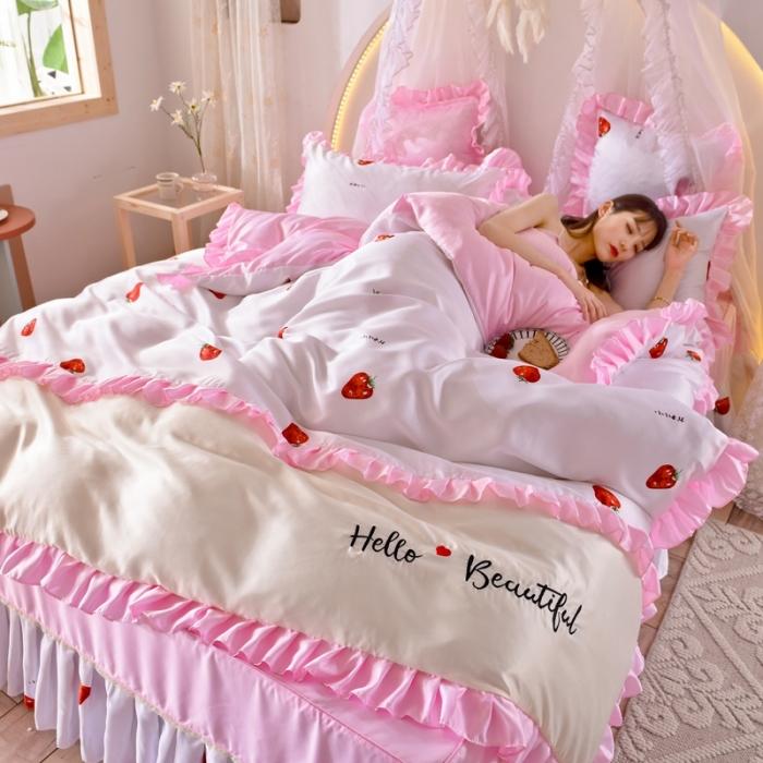 91家纺网 家纺一手货源 找家纺 绒世界 2020新款韩式床裙式水洗真丝绣花四件套 草莓-粉白