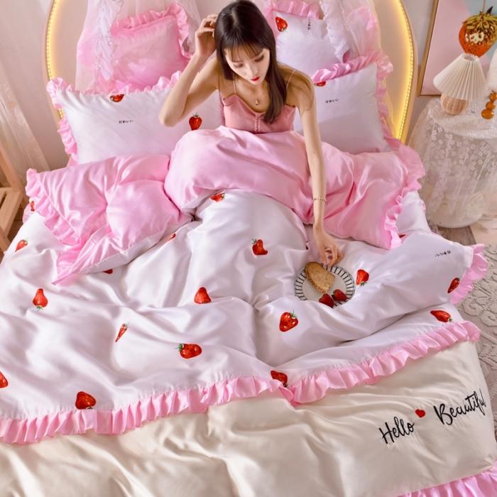 91家纺网 家纺一手货源 找家纺 绒世界 2020新款韩式床裙式水洗真丝绣花四件套 草莓-粉白