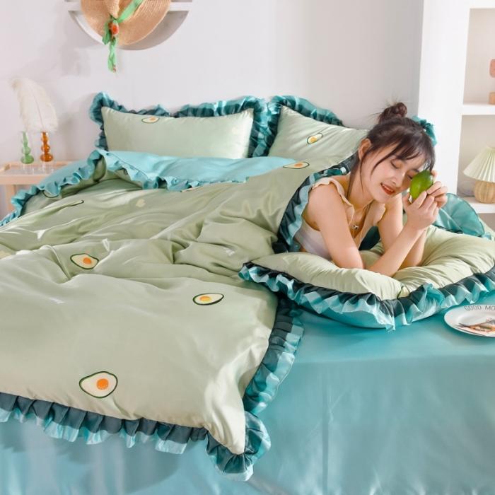 91家纺网 家纺一手货源 找家纺 欧冠 2020新款水洗真丝蕾丝花边款四件套 牛油果