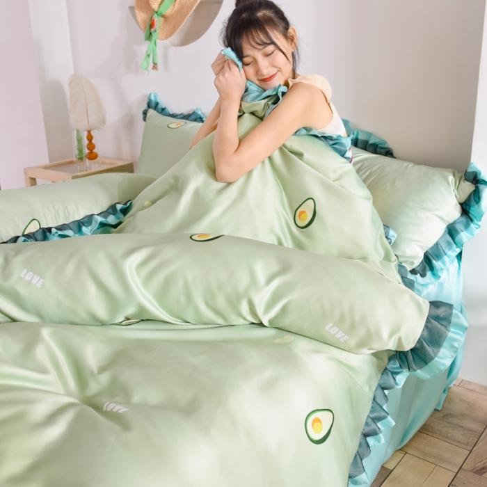 91家纺网 家纺一手货源 找家纺 欧冠 2020新款水洗真丝蕾丝花边款四件套 牛油果