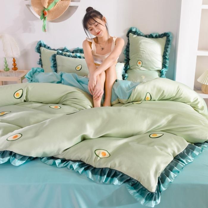 91家纺网 家纺一手货源 找家纺 欧冠 2020新款水洗真丝蕾丝花边款四件套 牛油果