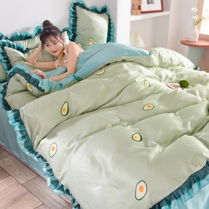 91家纺网 家纺一手货源 找家纺 欧冠 2020新款水洗真丝蕾丝花边款四件套 牛油果