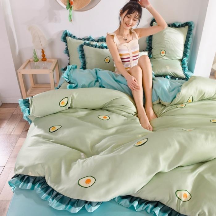 91家纺网 家纺一手货源 找家纺 欧冠 2020新款水洗真丝蕾丝花边款四件套 牛油果