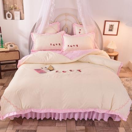 91家纺网 家纺一手货源 找家纺 欧冠 2020新款水洗棉公主风四件套 挚爱-粉白