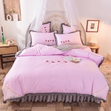 91家纺网 家纺一手货源 找家纺 欧冠 2020新款水洗棉公主风四件套 挚爱-粉灰