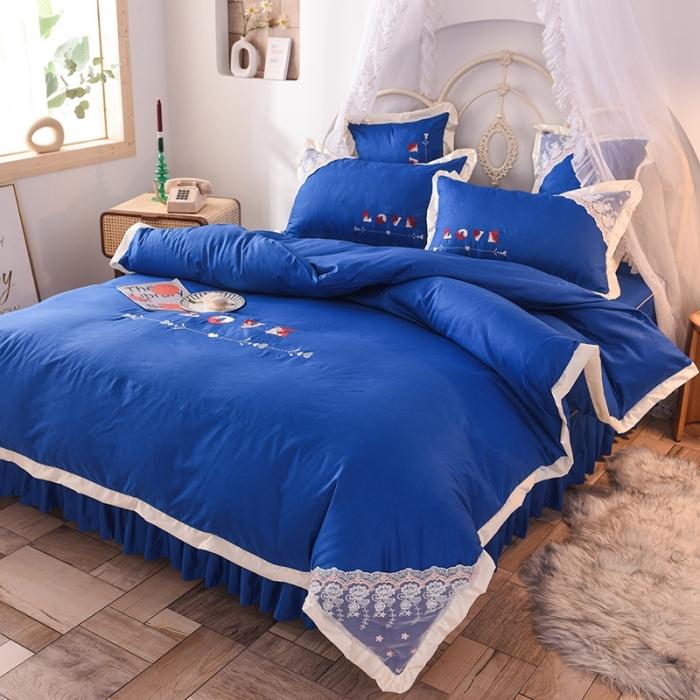 91家纺网 家纺一手货源 找家纺 欧冠 2020新款水洗棉公主风四件套 挚爱-宝蓝