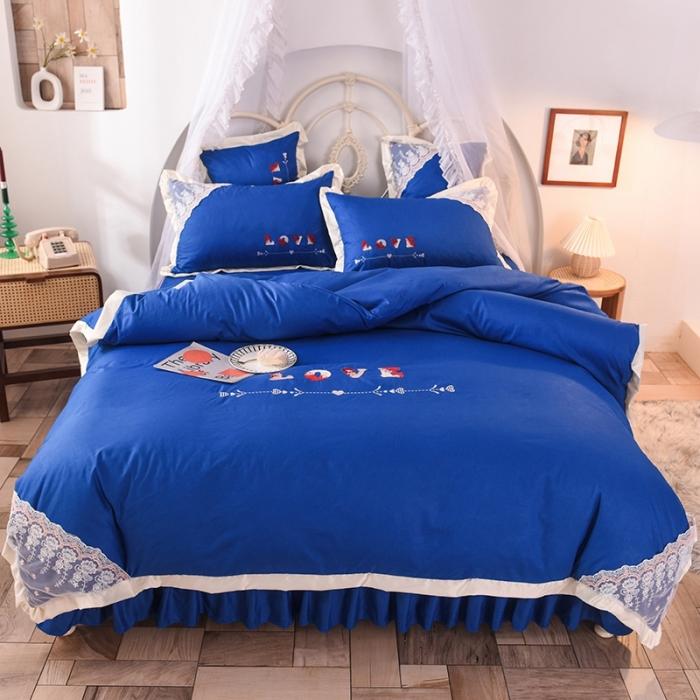 91家纺网 家纺一手货源 找家纺 欧冠 2020新款水洗棉公主风四件套 挚爱-宝蓝