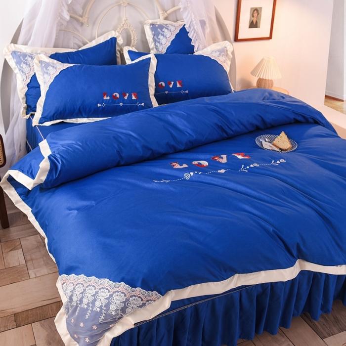 91家纺网 家纺一手货源 找家纺 欧冠 2020新款水洗棉公主风四件套 挚爱-宝蓝