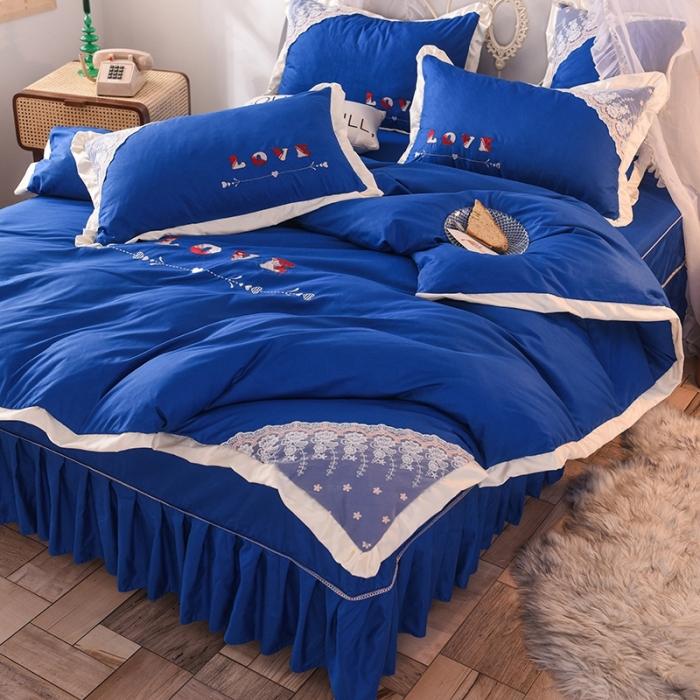 91家纺网 家纺一手货源 找家纺 欧冠 2020新款水洗棉公主风四件套 挚爱-宝蓝