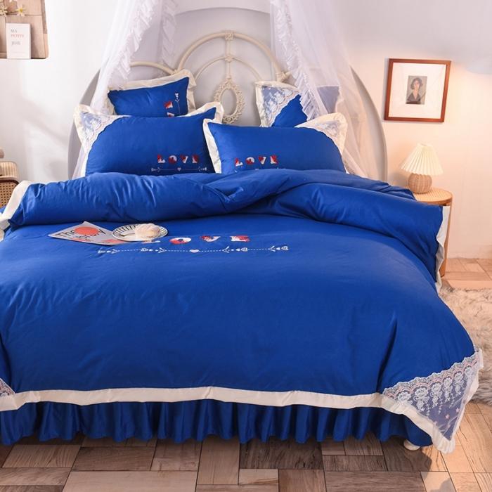 91家纺网 家纺一手货源 找家纺 欧冠 2020新款水洗棉公主风四件套 挚爱-宝蓝