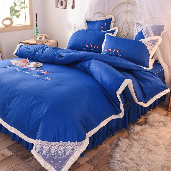 91家纺网 家纺一手货源 找家纺 欧冠 2020新款水洗棉公主风四件套 挚爱-宝蓝