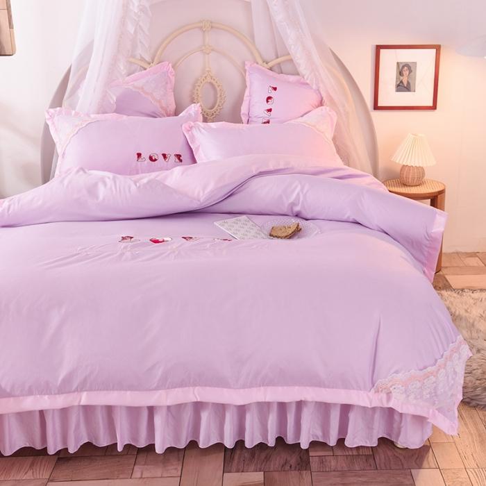 91家纺网 家纺一手货源 找家纺 绒世界 2020新款水洗棉公主风四件套 挚爱-紫粉