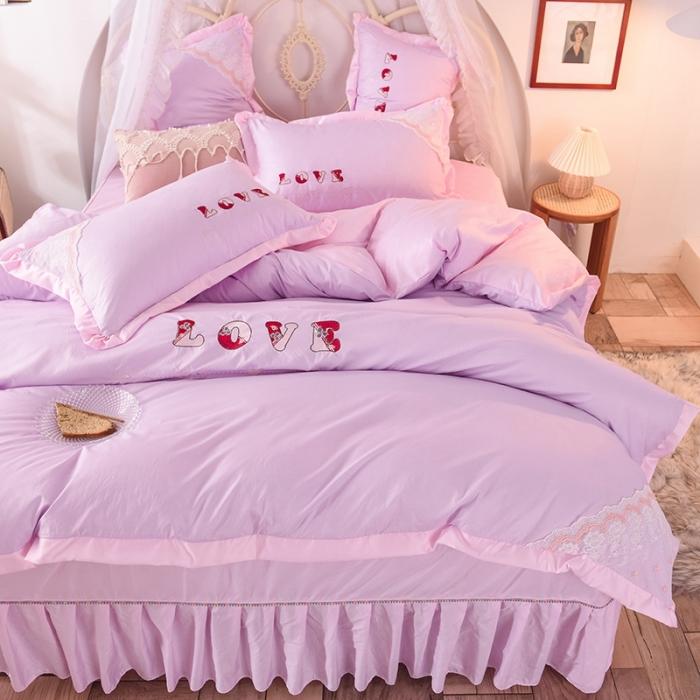 91家纺网 家纺一手货源 找家纺 绒世界 2020新款水洗棉公主风四件套 挚爱-紫粉