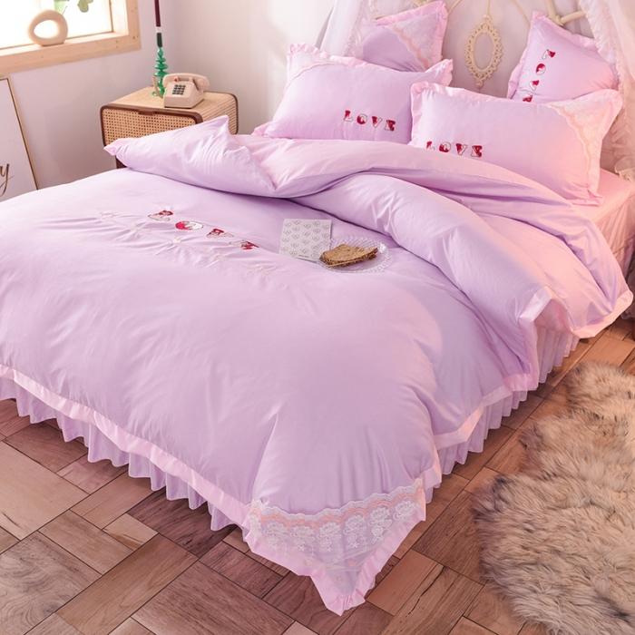 91家纺网 家纺一手货源 找家纺 绒世界 2020新款水洗棉公主风四件套 挚爱-紫粉