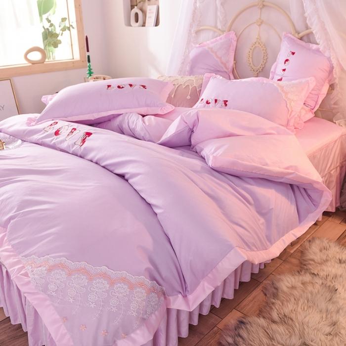 91家纺网 家纺一手货源 找家纺 绒世界 2020新款水洗棉公主风四件套 挚爱-紫粉