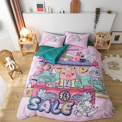 91家纺网 家纺一手货源 找家纺 爱缦 2020新款日系针织棉平网四件套 拉面小猪