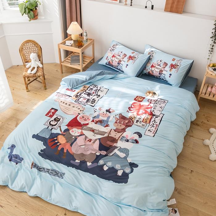 91家纺网 家纺一手货源 找家纺 爱缦 2020新款日系针织棉平网四件套 动物乐园