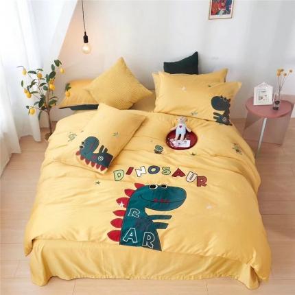 91家纺网 家纺一手货源 找家纺 星尚家纺 2020新款60长绒棉四件套可爱卡通系列 小恐龙 黄