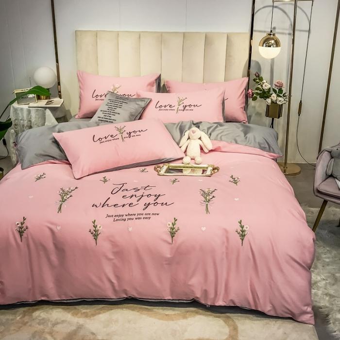 91家纺网 家纺一手货源 找家纺 眠帛家居 2020全棉绣花小清新四件套 麦卉奶油粉