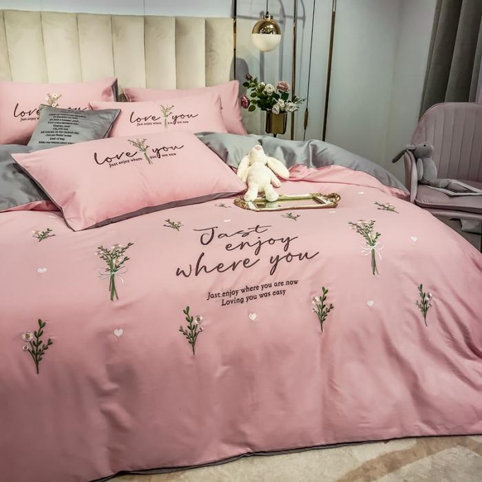 91家纺网 家纺一手货源 找家纺 眠帛家居 2020全棉绣花小清新四件套 麦卉奶油粉