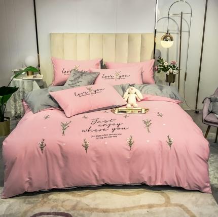 眠帛家居 2020全棉绣花小清新四件套 麦卉奶油粉