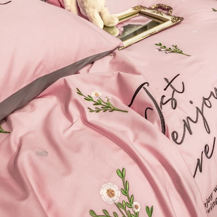 91家纺网 家纺一手货源 找家纺 眠帛家居 2020全棉绣花小清新四件套 麦卉奶油粉