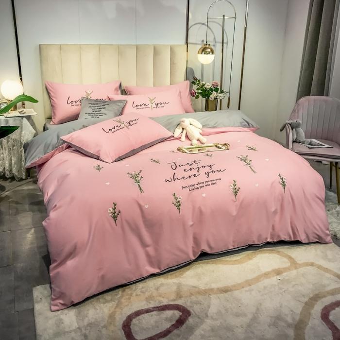 91家纺网 家纺一手货源 找家纺 眠帛家居 2020全棉绣花小清新四件套 麦卉奶油粉