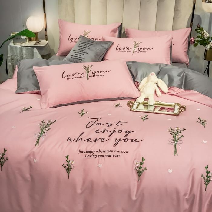 91家纺网 家纺一手货源 找家纺 眠帛家居 2020全棉绣花小清新四件套 麦卉奶油粉