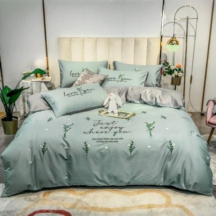 眠帛家居 2020全棉绣花小清新四件套 麦卉繁星兰